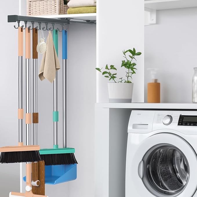 Pull Out Broom Holder With Adjustable Double Row Sliding Hook-Grey 16.14in by PrimZootyDesign
