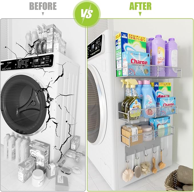 4 Pack Magnetic Shelves for Washing Machine, Heavy-Duty Magnetic Laundry Organizer with Hooks, Washing Machine Shelf for Refrigerator, Metal Storage Baskets, Closet & Laundry Room Organization (Grey) - Image 5