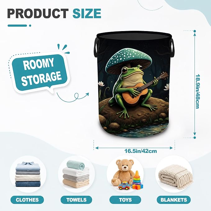 Frog Guitar Dirty Clothes Hamper,Foldable Laundry Basket with Handles,Mushroom Forest Waterproof Oxford Cloth Storage Bin for Bedroom Bathroom Nursery,16 x 20 Inch - Image 2