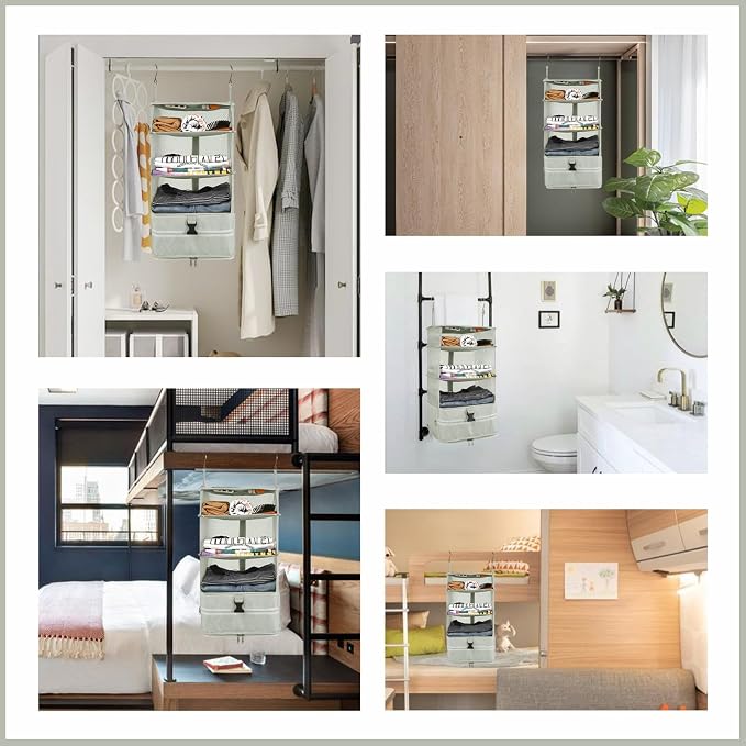 Surblue Hanging Closet Storage Bag Collapsible 3-Shelf Washable Oxford Fabric with 2 Hooks (L 11.41 * 11.41 * 19.68in, Light Gray) - Image 7