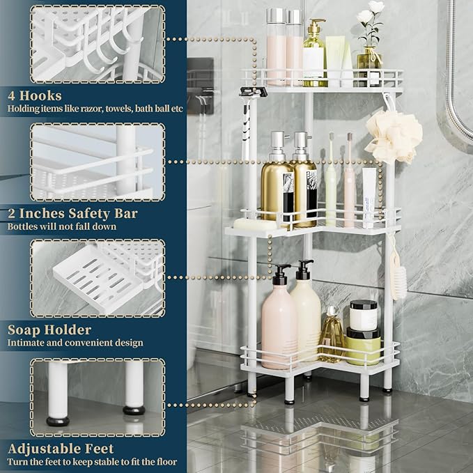 Consumest Corner Shower Caddy Standing - 3-Tier Stainless Steel Shower Organizer with Soap Holder and 4 Hooks, Large Capacity Corner Shelf Stand for Bathroom, Rest Room, White - Image 3