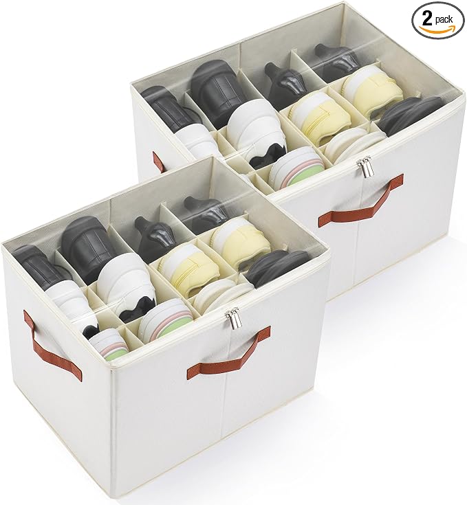 2-Pack Shoe Organizer for Closet, Foldable Shoe Storage Container with Adjustable Dividers & Clear Lid, Holds Up to 12 Pairs, Space-Saving Shoe Boxes, White by KitHero