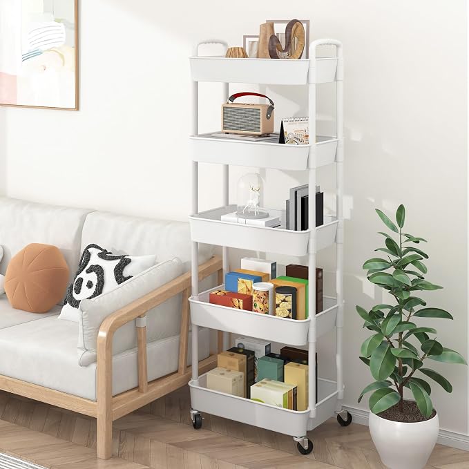 Sywhitta 5-Tier Plastic Rolling Utility Cart with Wheels for Storage,White - Image 7