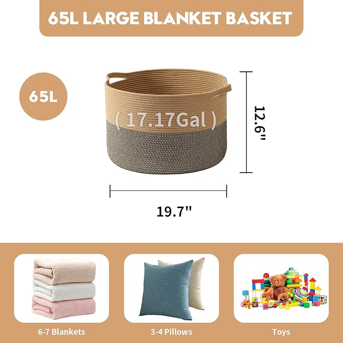 Foldable Laundry Hamper Basket with Collapsible Handle Cotton Rope Soft Woven Fabric Storage Organizer Clothes Toys Nursery Bedroom Dorm Space Saving Bin (Camel & Mix Camel, 65L(19.7"D x 12.6"H)) - Image 5