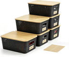 Bagnizer Small Plastic Storage Bins with Bamboo Lids 5.2qt Stackable Box Basket Pantry Decorative Containers Cute with Lable for Organizing Desktop Closet Office Black of 6 packs 10 * 7.2 * 4.1" by Bagnizer
