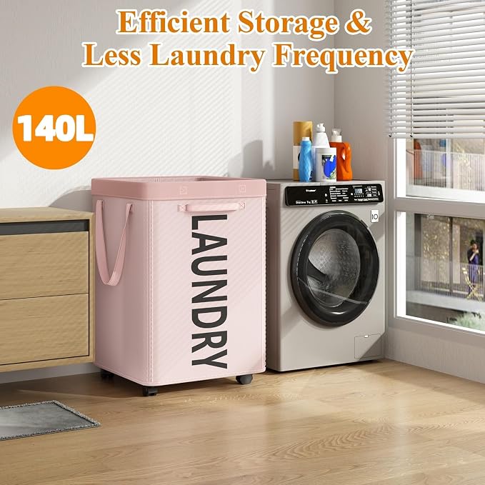 Optish 140L Extra Large Laundry Basket with Wheels and Removable Bag - Image 2