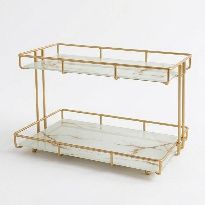 2-Tier White Marble Bathroom Countertop Organizer – Glass Shelves & Gold Metal Frame, Elegant Vanity Storage Shelf for Perfume, Skincare, Makeup & Toiletries - Image 6