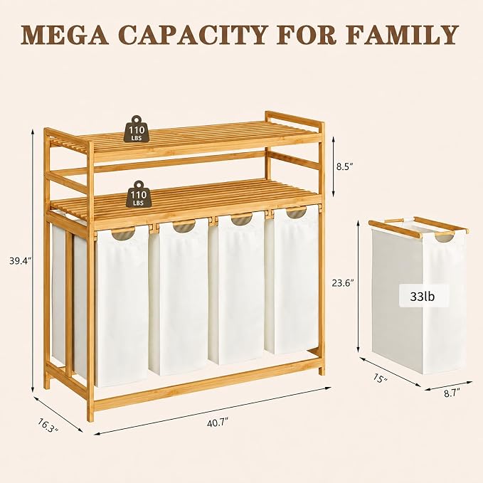 Bamboo 200L Laundry Hamper with 2 Tiers Shelf, Laundry Room Organization - Image 3