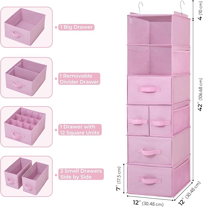 GRANNY SAYS Hanging Closet Organizer, 5 Drawers, 6 Shelves, 6 Pockets, Pink | Hanging Closet Organizer with 5 Different Drawer Designs, 6 Shelves & Reinforced Structure for Organized Small Spaces - Image 3