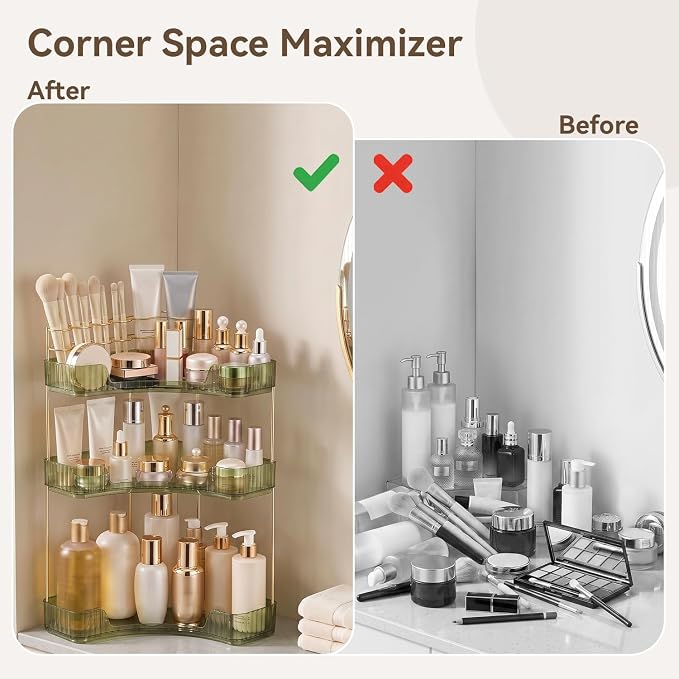 3-Tier Corner Bathroom Counter Organizer with Makeup Brush Holder, Green - Image 3