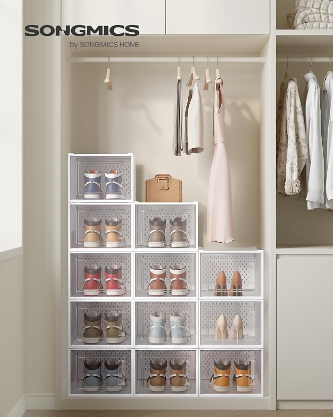SONGMICS Shoe Boxes, Clear Plastic Sneaker Box, Pack of 12 | Stackable Shoe Storage Organizers, for Closet, 13.1 x 9.9 x 7.4 Inches, Transparent and White, DENNYS Collection ULSP12MWT - Image 2