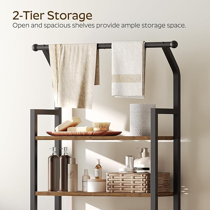 YATINEY 2-Tier Over The Toilet Storage, Multifunctional Vertical Over Toilet Bathroom Organizer, Freestanding Bathroom Storage Shelves with Hooks, Bathroom Organizer, Rustic Brown and Black TR01BR - Image 5