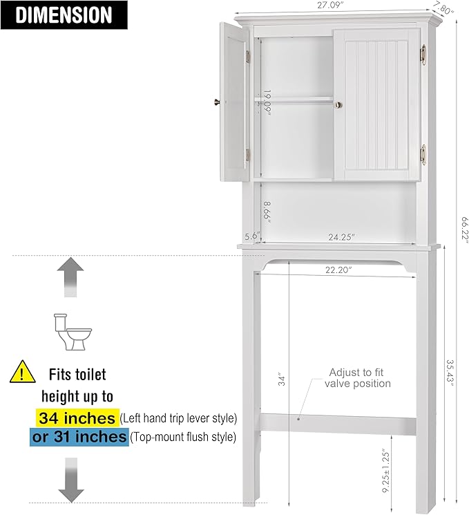 UTEX Over The Toilet Storage Cabinet, White Bathroom Organizer with Doors - Image 2