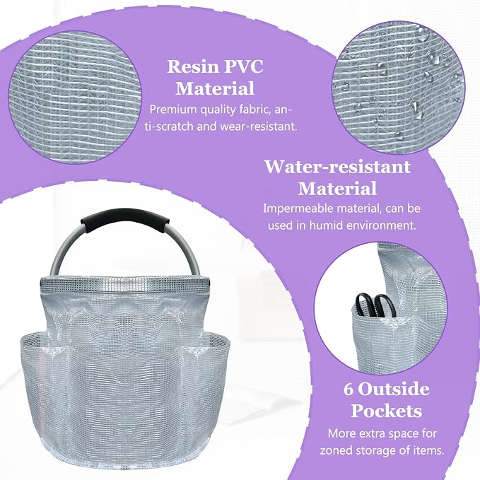 17L Portable Shower Caddy with Handle, Foldable Cleaning Supply Caddy in PVC Resin, Picnic Basket with 6 Side Pockets, Multifunctional Storage Basket for Bathroom, Picnics, Transparent - Image 8