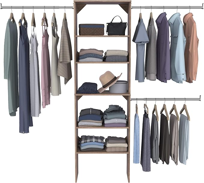ClosetMaid SuiteSymphony Wood Closet Organizer Starter Kit with Tower and 3 Hang Rods, Shelves, Adjustable, Fits Spaces 5 – 10 ft. Wide, Natural Gray - Image 4