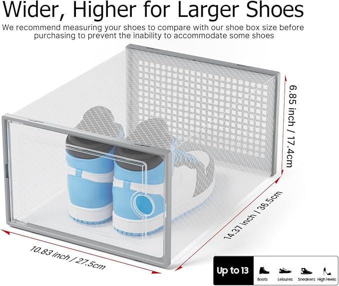 Kuject XX-Large Shoe Storage Boxes 12 Pack, Clear Stackable Shoe Organizer | Shoe Case for Closet, Entryway & Under-Bed Storage, Drop-Front Design, Space-Saving Solution for Family Organization,Grey - Image 2