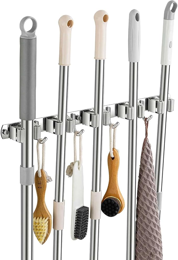 Broom Holder Wall Mount, Stainless Steel Broom Hanger Wall Mount, Heavy Duty Mop and Broom Holder Tool Racks Utility Hooks for Laundry Room Garden Garage, Grey (5 Racks and 4 Hooks) by Unknown