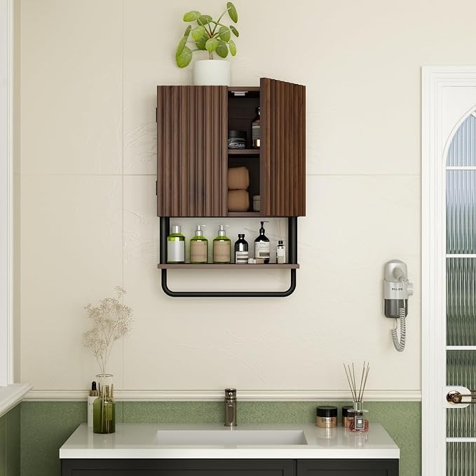 RUSTOWN Fluted Bathroom Wall Cabinet with 2 Doors, 3-Tier Medicine Cabinet - Image 8