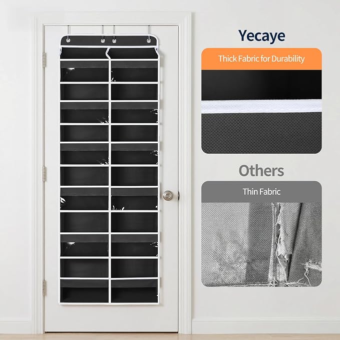 Yecaye 6 Tier Over The Door Organizer, Door Organizer with 12 Compartments | 20" W, Extra Large Behind Door Storage With 12 Side Pockets, 80lbs Heavy Duty, Clear Window, for Closet Bedroom Pantry, Black - Image 3
