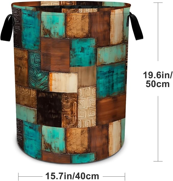 Vintage Geometric Teal Laundry Basket Foldable Laundry Hamper With Handles Clothes Storage Bucket Organizer Laundry Bag For Bedroom Bathroom Laundry Storage 19.6 x 15.7 - Image 2