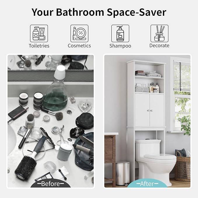 Shintenchi Over the Toilet Storage Cabinet, Bathroom Above the Toilet Rack, Bathroom Adjustable Shelf Organizer with Open Bottom Bar and Anti-Tip Device, White - Image 6