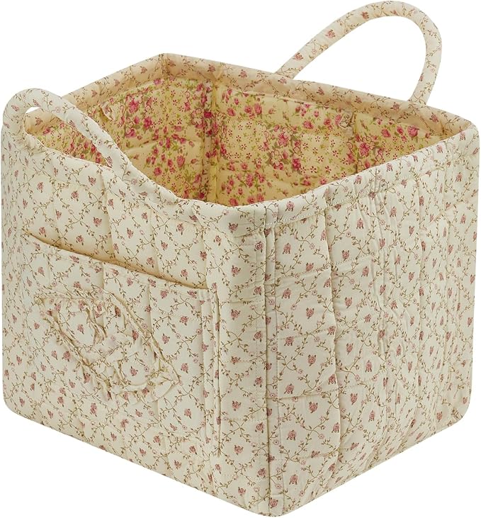 Quilted Fabric Storage Basket with Handles & Pocket, Foldable Laundry Hamper Boho Floral Print Organizer Bin for Home, Picnic, Office 12"x10"x10" (A-2) by Unknown