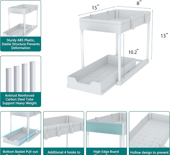 DEKAVA Cabinet, 2 Pack Under Sink Organizer, 2 Tier Sliding Bathroom Kitchen Organizer, Large White ABS Baskets, Easy Install & Clean - Image 2