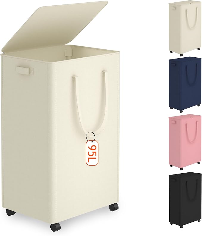 Slim Laundry Hamper with Wheels,25 Gal (95L) Rolling Laundry Basket with lid and wheels Clothes Hamper Foldable Tall Dirty Clothes Basket Sturdy Collapsible Clothes Hamper for Dorm,Laundry Room by Vincona