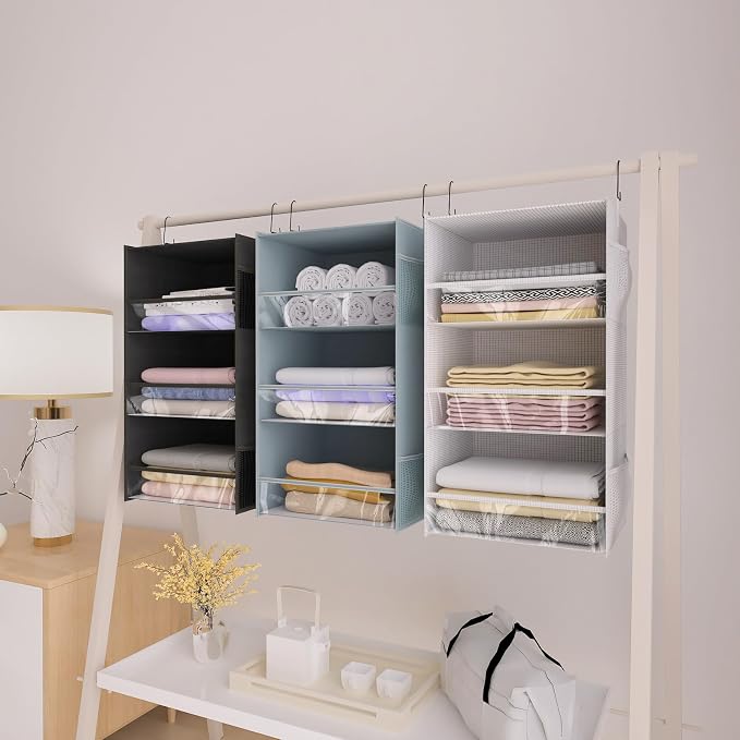 3 Shelf Hanging Closet Organizer Front Lip Design, Wider and Foldable Hanging Closet Wardrobe Storage Shelves with 4 Side Pockes, Clothes Handbag Shoes Accessories Storage, Gray - Image 8