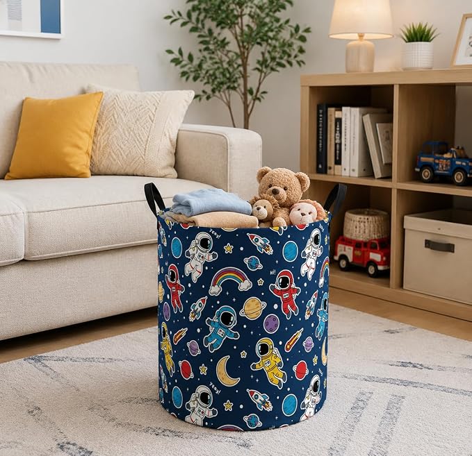 MAIZMZ Kids Storage Bin Astronaut Space Hamper,15.7" D x 19.7" H Waterproof Linen Laundry Basket with Leather Handles for Boys Room, Gifts - Image 4