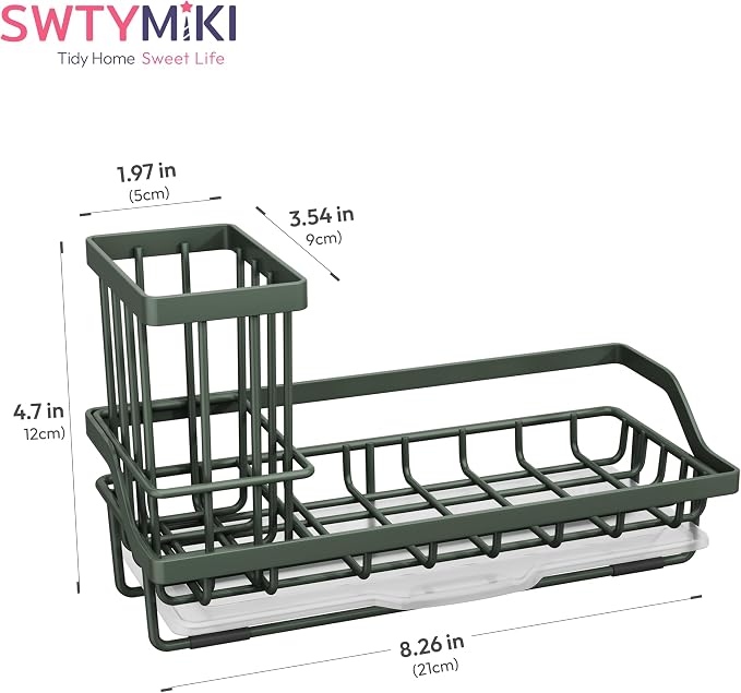 SWTYMIKI Sink Caddy Sponge Holder - Kitchen Sink Organizer with High Brush Holder for Countertop to Hold Dish Soaps and Sponges, Stainless Steel, Green - Image 7