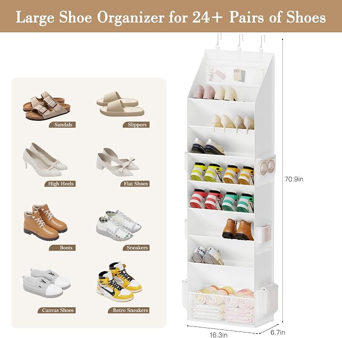 Criusia Shoe Storage, Over the Door Shoe Organizer, Hanging Closet Shoe Storage with Large Deep Pockets, Fits 16–24 Pairs of Sneakers, Sandals, Boots, White - Image 3