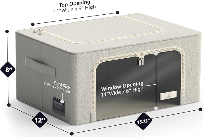 Sorbus Clothes Storage Bins, Clear Window & Handles (4 Pack, Beige) | Large foldable stackable boxes have easy-carry grips for bedding and linens in closets, bedrooms and laundry rooms. - Image 3