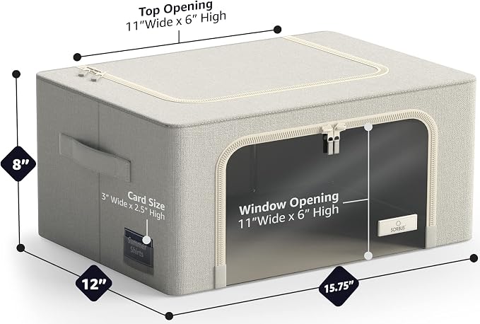 Sorbus Clothes Storage Bins, Clear Window & Handles (6 Pack, Beige) | Large foldable stackable boxes have easy-carry grips for bedding and linens in closets, bedrooms and laundry rooms. - Image 3