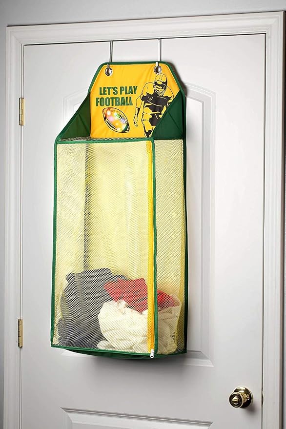 Store & Score Over The Door Hanging Kids Fun LED Football Light-Up Collapsible Mesh Construction Laundry Hamper Basket, Toy Chest, Heavy Duty Metal Hooks Included. Patent Pending - Image 2