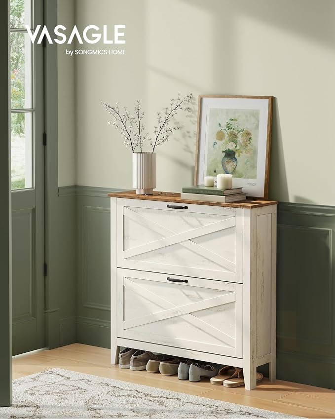 VASAGLE Farmhouse Shoe Cabinet, Narrow Storage Organizer, 2 Flip Drawers - Image 3