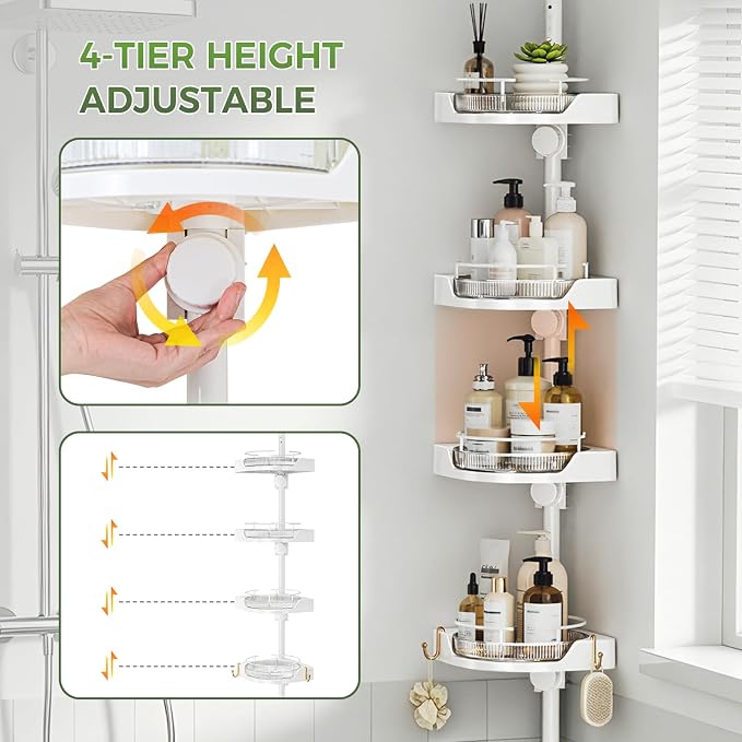 akinbas 360° Rotating Shower Caddy Tension Pole with 4-Tier Rustproof Lazy Susan 35-128 Inch No Drilling Coner Shelves Adjustable Shower Rack for Bathroom Bathtub Washbasin Plant Storage (White) - Image 6
