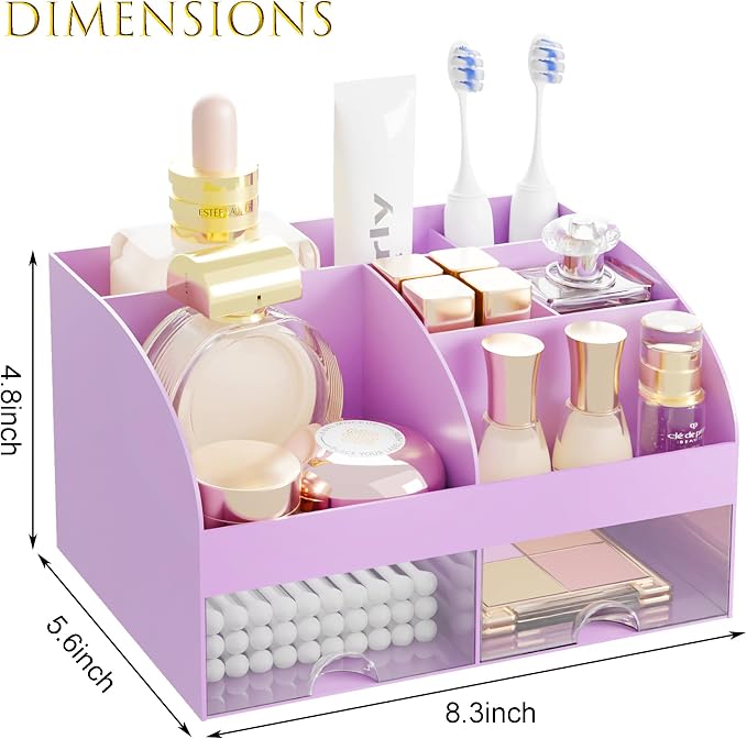 Makeup Organizer with 2 Drawers, Cosmetic Storage for Dresser Vanity and Bathroom Countertop,Make up organization and Skincare Storage with Beauty Brush Holder, Cosmetic Display Case (Purple) - Image 4