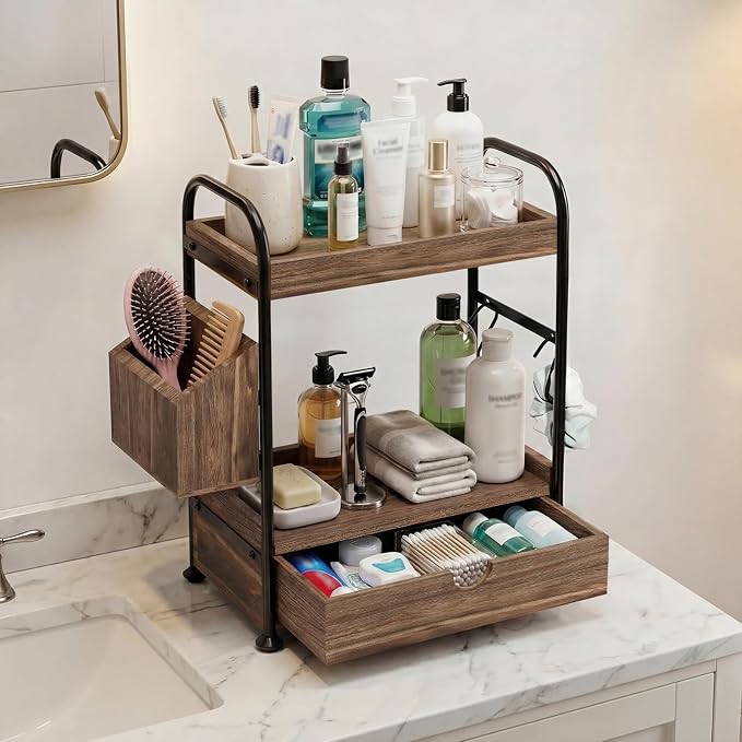 2-Tier Bathroom Counter Organizer with Drawer, Wooden Vanity Skincare Shelf - Image 7