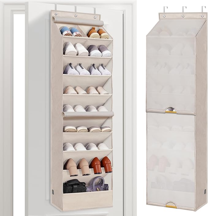 STORAGE MANIAC Over the Door Shoe Organizer with Curtain Dustproof Heavy-Duty Large Deep Pocket Hanging Shoe Organizer for Closet Dorm & Narrow Door Storage Shoe Holder Shoe Rack, 9-Shelf Beige 1 Pack by STORAGEMANIAC