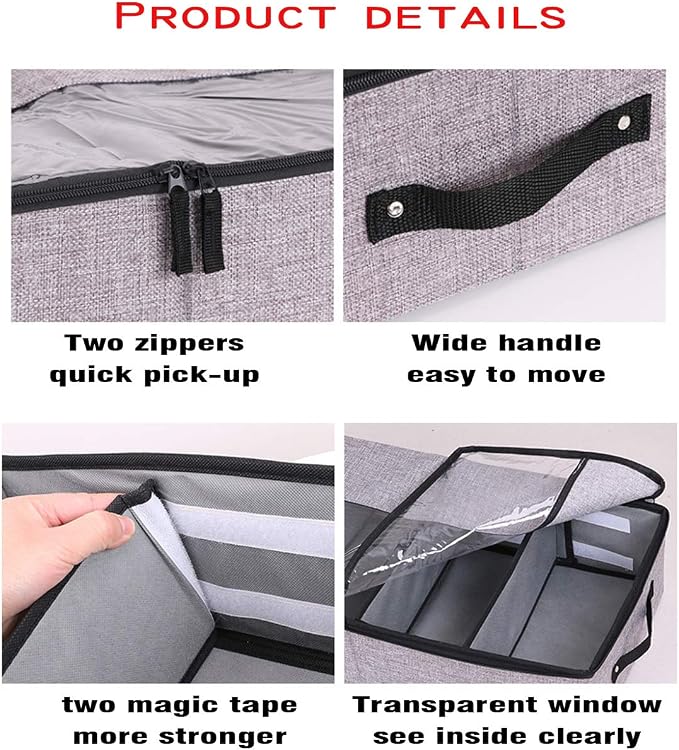 AARAINBOW Foldable Under Bed Clothes Organizer with Lid, Fabric Underbed Storage Container with Adjustable Dividers, Long UnderBed Storage Bins with Handles, Clear Shoes Storage Under Bed (2 Gray) - Image 4