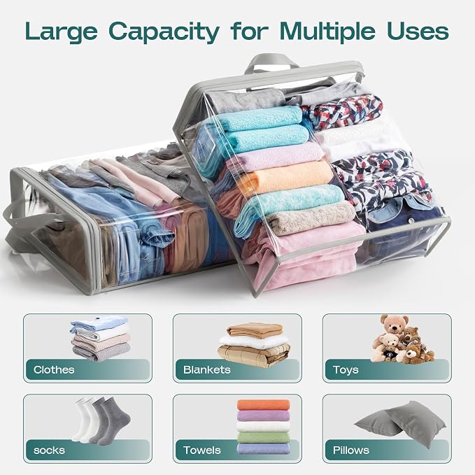 10 Pack Clear Storage Bags for Clothes, 22L Blanket Storage Bags, Under Bed Storage, Closet Organizers Bag, Upgraded Version Two-Way Zippers Design(Grey, 10PACK) - Image 3