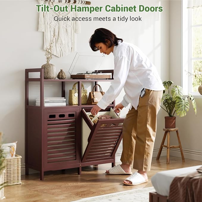 Homykic Tilt Out Laundry Hamper Cabinet, Bamboo Laundry Organizer, Espresso - Image 4