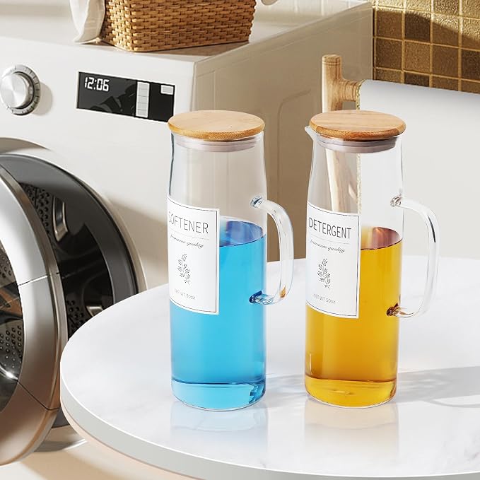Laundry Detergent Dispenser Set with Bamboo Lids and Handles - Easy Pour 2 Pack 50 oz Liquid Laundry Containers for Laundry Room Organization and Storage - Image 2