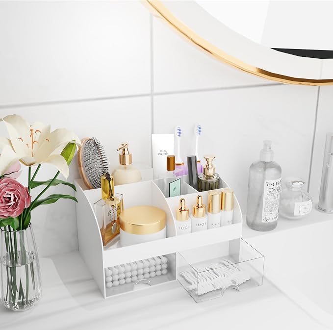 Makeup Organizer with Drawers, Cosmetic Storage for Dresser Vanity and Bathroom Countertop, Beauty Holder for Lipstick Brush, Skincare Organizer for Vanity, Cosmetic Display Case (White) - Image 7