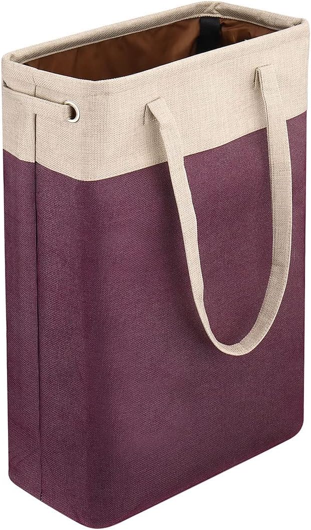 Laundry Basket with Handles Beige&Burgundy Slim Laundry Bin Collapsible Dirty Clothes Basket Narrow Laundry Bag Foldable Dirty Hamper for Camping, Dorms, Apartments by iBKGOO
