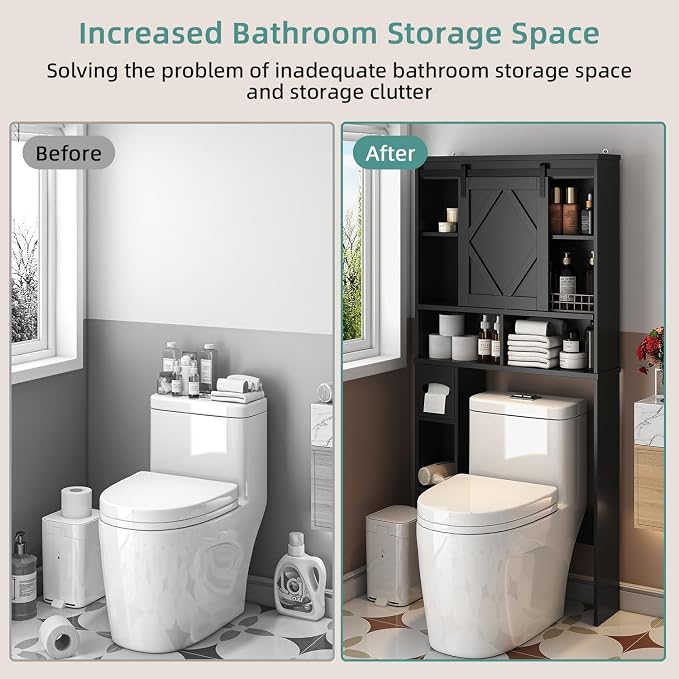 Over the Toilet Storage Cabinet with Farmhouse Sliding Barn Door, Above Toilet Organizer with Toilet Paper Holder Stand, Behind Toilet Shelf, Space Saver for Restroom, Bathroom, Laundry, Black - Image 9
