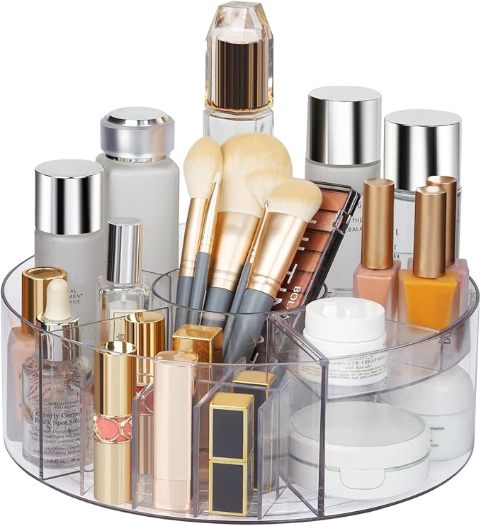 360° Rotating Makeup Organizer, 10" Clear Turntable Lazy Susan Organizer for Vanity, Bathroom Counter, Cabinet, Spinning Cosmetic Storage Holder with 6 Dividers for Skincare, Makeup Brushes, Lipsticks by Dezzer