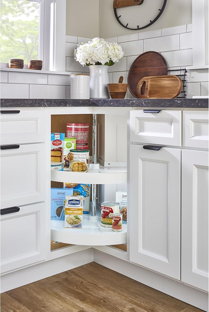 Rev-A-Shelf 24" Pie-Cut Dual Tier Plastic Lazy Susan Organizer for Diagonal Corner Base Cabinets, Rotating Shelves for Kitchen Organization, 24" W x 14.38" D x 26" H, White, LD-2942-24-11-1 - Image 2