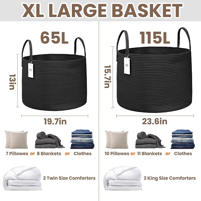 JMvicyroam 65L Extra Large Machine Washable Cotton Rope Blanket Basket - Image 3